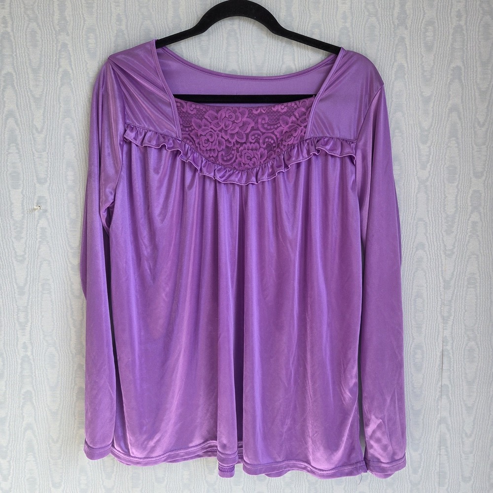 Vtg 80s Womens XL Sleep Shirt Nylon Long Sleeve Lace Front Purple Retro